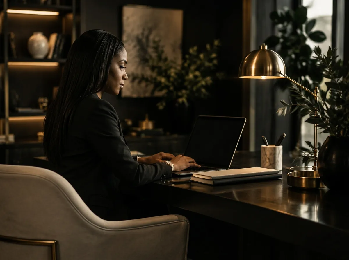 African American woman with long straight dark hair and a black blazer working at a laptop in a dark luxury home office by a glowing gold lamp