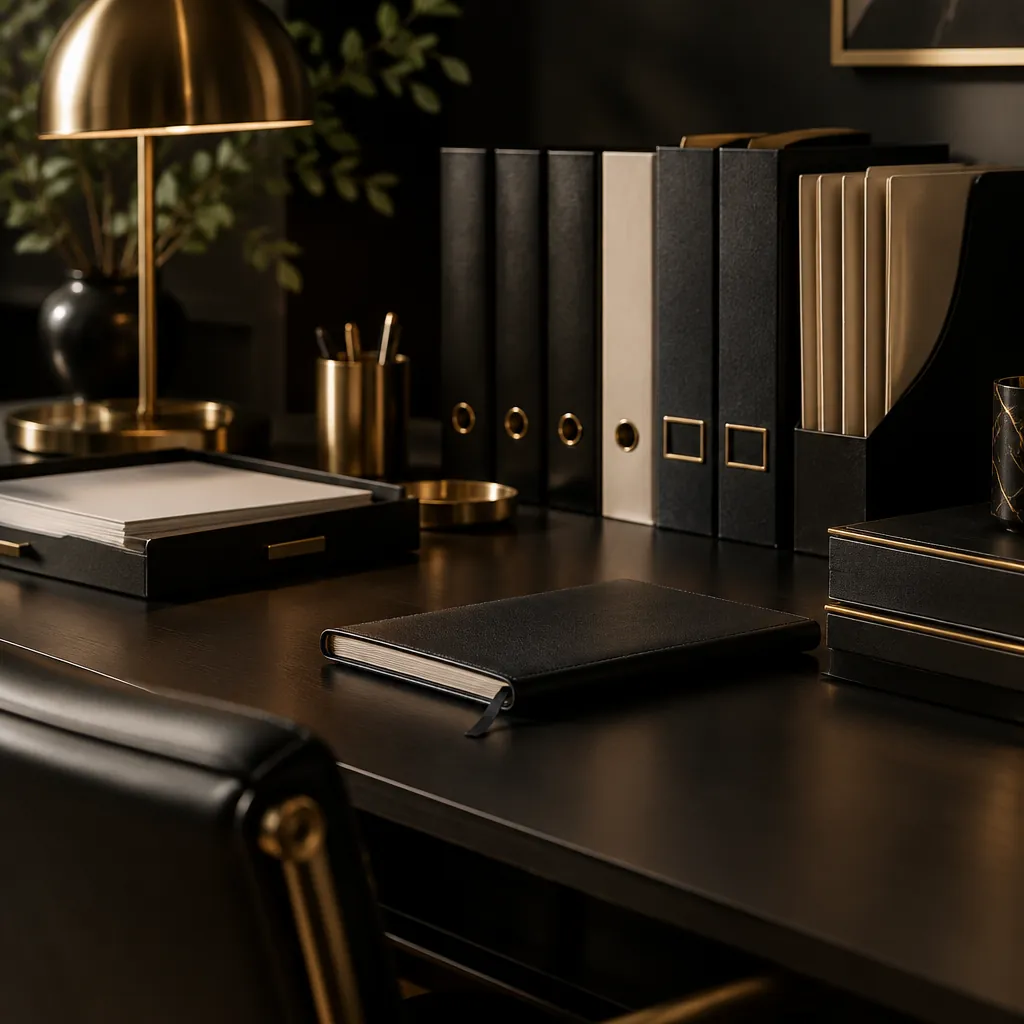 Organized folders and notebooks on a black desk