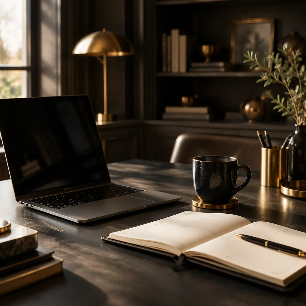 Laptop beside an open planner and black mug