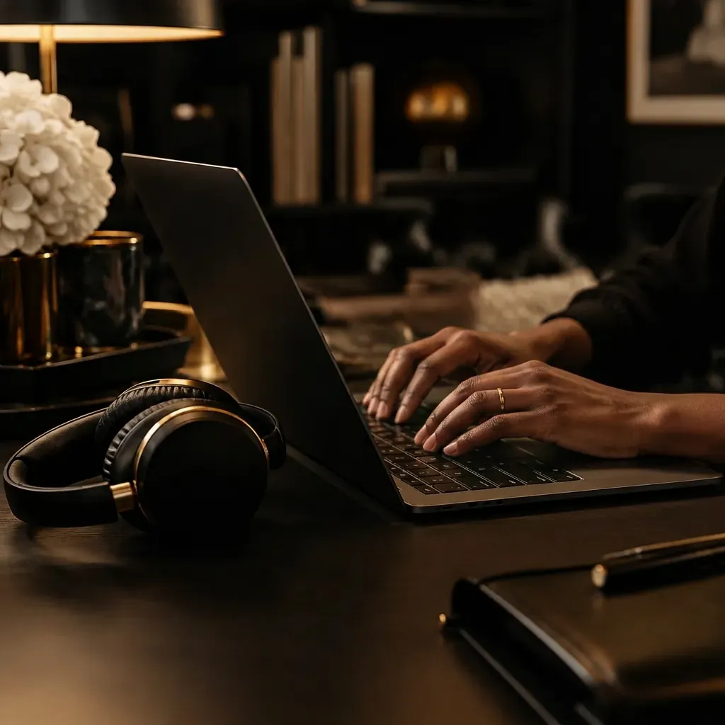 Black woman's hands typing on a laptop beside a black headset on a dark desk in warm gold light