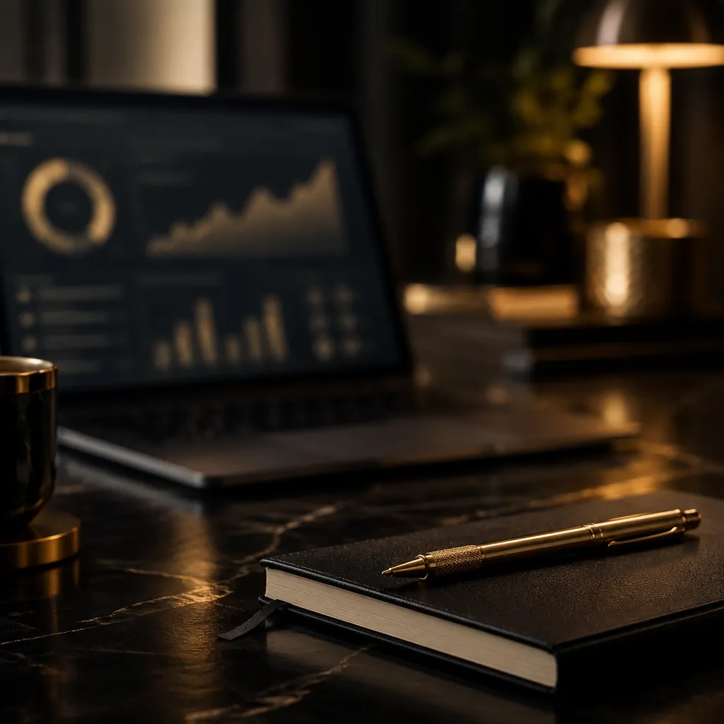 Notebook and gold pen beside an analytics laptop