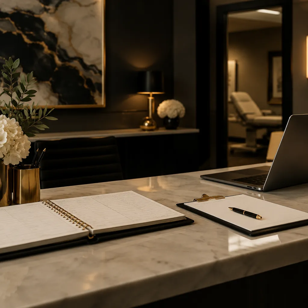 Appointment book and laptop at a medical reception desk
