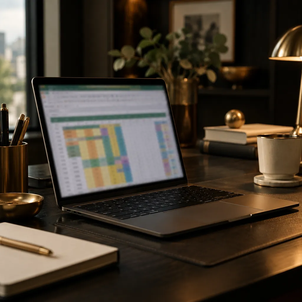 Laptop with spreadsheet on a dark desk